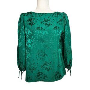 Raul Blanco Emerald Green Silk Blouse Size 10, Puff Sleeves Vintage Y2K Retro